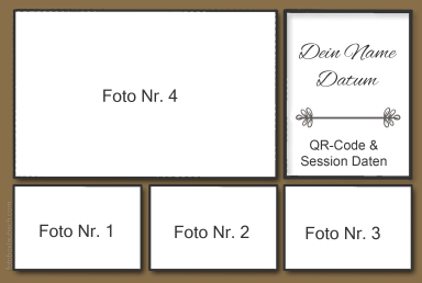 4er Layout Verschiedene Rahmen mit Platzhalter für Fotos und Informationen, beschriftet mit "Foto Nr. 1", "2", "3" und "4".