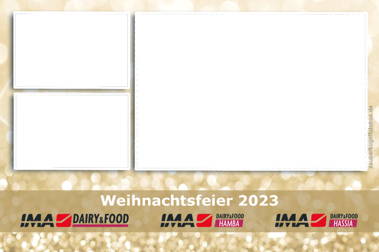 Kundenlayout 25 Weihnachtsfeier 2023, Platz für Fotos und goldener Glitzerhintergrund.