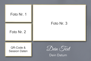 3er Layout Drei Foto-Plätze mit Beschriftungen und einem QR-Code-Bereich am unteren Rand.