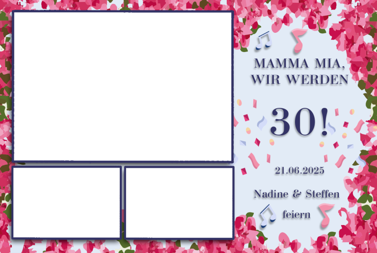 Kundenlayout 9 Bunte Einladungskarte zu einem 30. Geburtstag mit floralem Rahmen und Platz für Fotos.