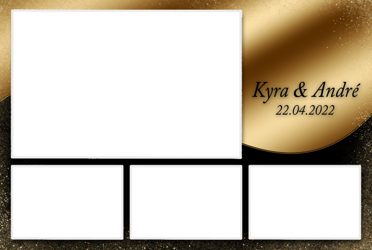 Kundenlayout 6 Ein gold-und schwarzfarbenes Layout mit Platz für Fotos und Namen.