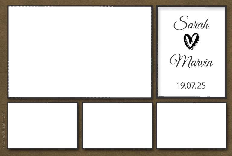 Kundenlayout 11 Leere Fotocollage mit Platz für vier Bilder und einer Beschriftung für Sarah und Marta.