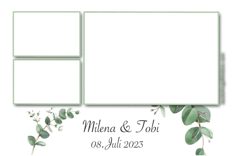 Kundenlayout 23 Hochzeitsdesign mit Platz für Fotos und grünem Eukalyptusrahmen, Namen und Datum.