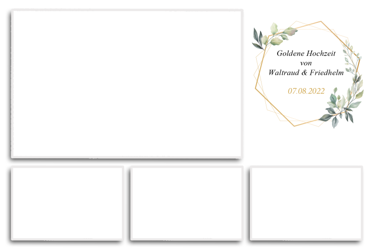 Kundenlayout 26 Schlichtes Design mit vier leeren Feldern und floralen Elementen, betitelt „Einladung zur Feier“.