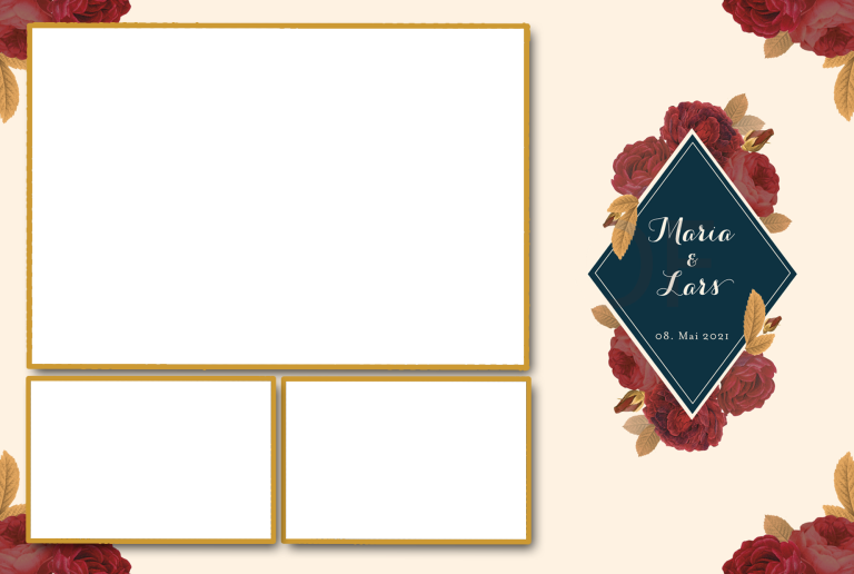 Kundenlayout 5 Hintergrund mit blühenden Rosen und leeren Feldern für Text und Bilder.