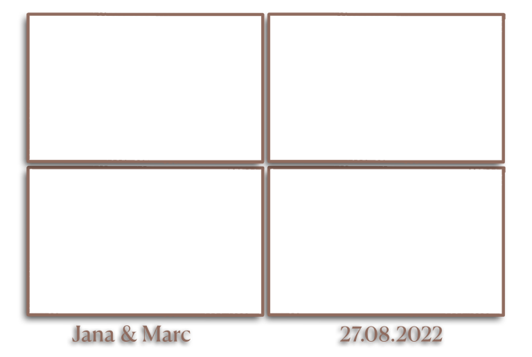 Kundenlayout 2 Vier leere Felder mit dem Text "Jana & Marc" und "2708_2022" angezeigt.