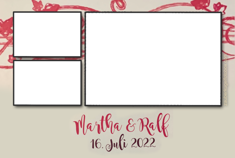 Kundenlayout 20 Leere Rahmen auf einem hellen Hintergrund mit rotem Dekor und dem Namen "Martha & Ralf".