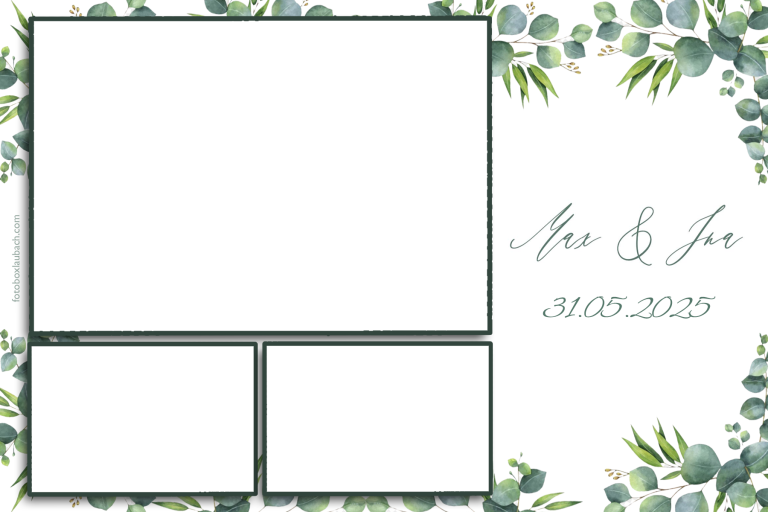 Kundenlayout 8 Rahmen mit Eukalyptusdekoration, Platz für Fotos und Datum, elegant gestaltet.