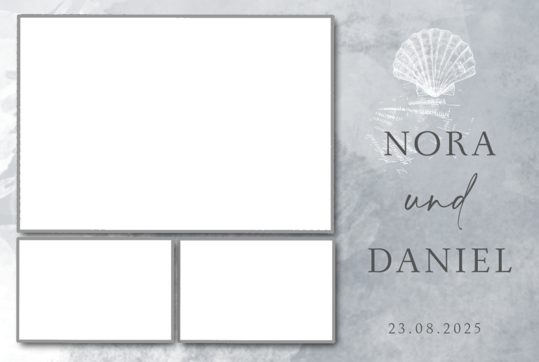 Kundenlayout 13 Leere Foto-Collage mit der Aufschrift "Nora und Daniel" und einem Muschel-Logo.