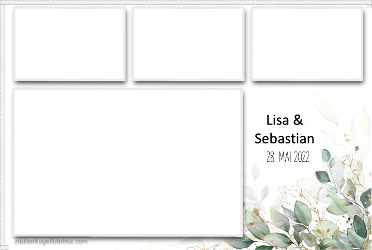 Kundenlayout 4 Weißer Hintergrund mit floralen Akzenten und Platz für Texte. Namen und Datum am unteren Rand.