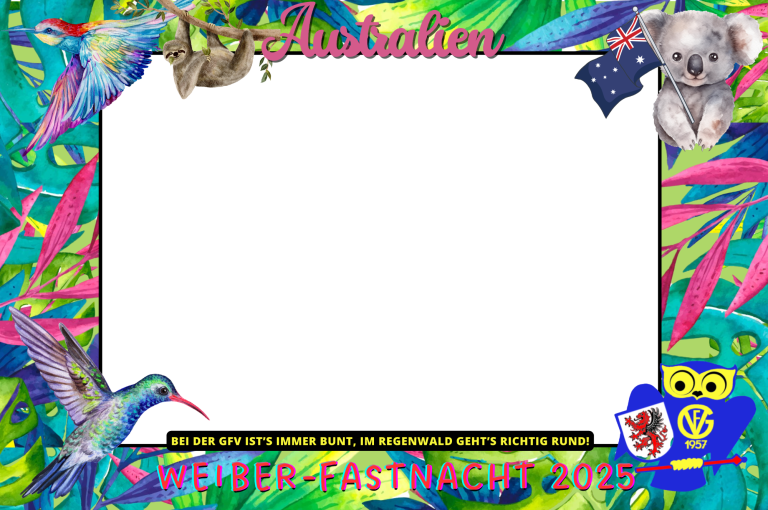 Kundenlayout 1 Rahmen mit australischen Tieren und bunten tropischen Pflanzen, für einen Feier-Anlass.